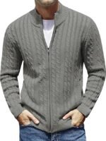 Men's Cotton Full Sleeve High Neck Full Zipper Sweater for Men, Cable Knitted Cardigan for Men(Grey)