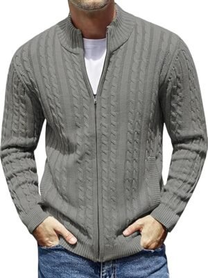 Men's Cotton Full Sleeve High Neck Full Zipper Sweater for Men, Cable Knitted Cardigan for Men(Grey)