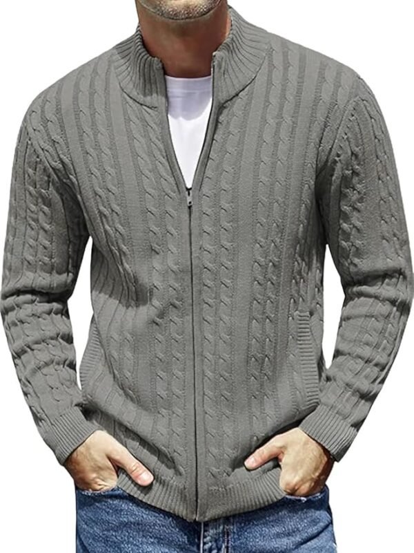 Men's Cotton Full Sleeve High Neck Full Zipper Sweater for Men, Cable Knitted Cardigan for Men(Grey)