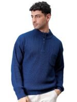 Men's Cotton High Neck Oversized Textured Sweater(Blue)