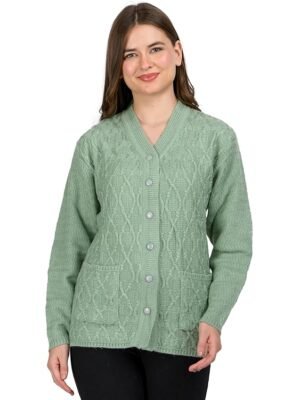 Women Woolen V-Neck Self Design Cardigan Heavy Rainbow Fabric Winter Wear Pure Wool Cardigans