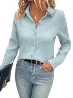Women's Polyester Slim Fit Solid Button Front Texture Long Sleeve Shirt(Sky Blue)