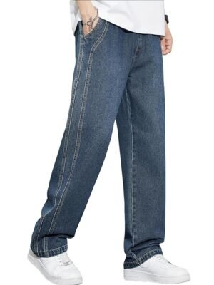 Jeans for Men | Loose Fit Light Wash Denim Pants with Wide Leg Streetwear Style(Dark Blue)