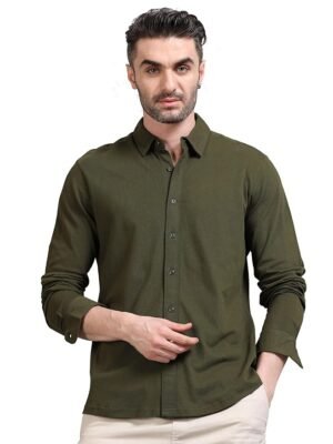 Men's Cotton Pique Regular Fit Full Sleeve Solid Knitted Shirt(Olive Green)