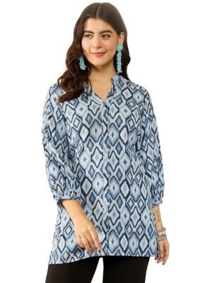 Women's Blue Rayon Blend Printed Printed Top | Western Tops for Women