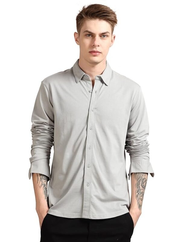 Men's Cotton Pique Regular Fit Full Sleeve Solid Knitted Shirt(Grey)