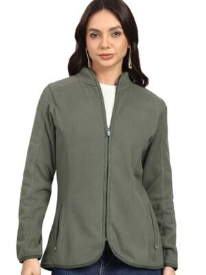 Women's Standing Collar Zipper Fleece Standard Length Jacket(Dark Olive)