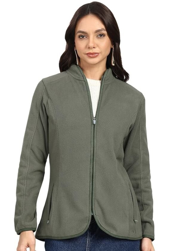 Women's Standing Collar Zipper Fleece Standard Length Jacket(Dark Olive)