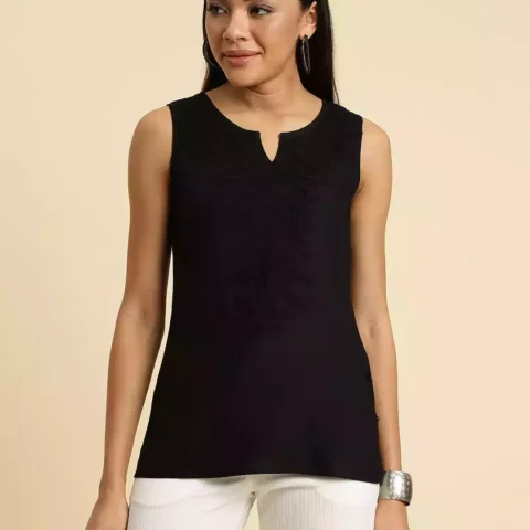 Black Self-Embroidered Sleeveless Short Kurti