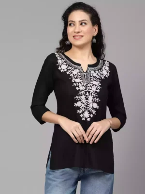 Black Kashmiri Embroidered Short Kurti