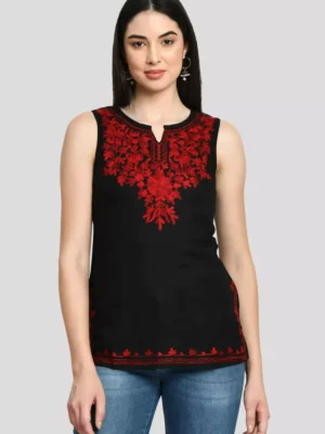 Black Kashmiri Sleeveless Short Kurti